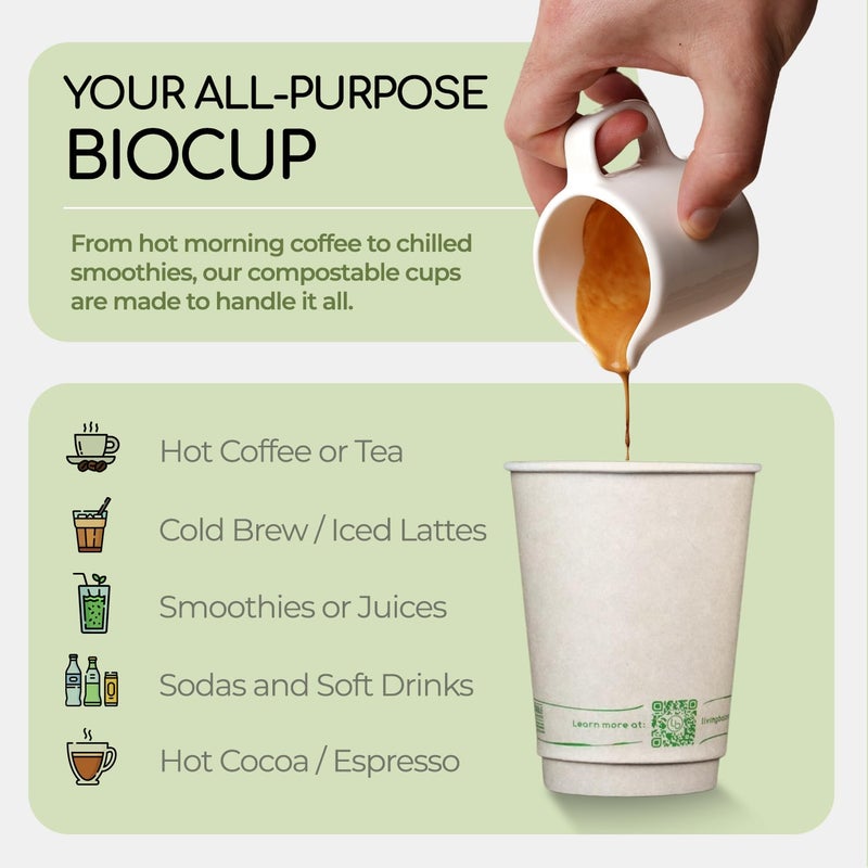 LB LIVING BALANCE Living Balance Certified Compostable Coffee Cups 12 oz â€“ 100 Pack Cups with Integrated Sleeves | Leak Proof, BPA-Free & CPLA Certified Plant-based | To-Go cup for Hot & Cold Drinks - Image 3